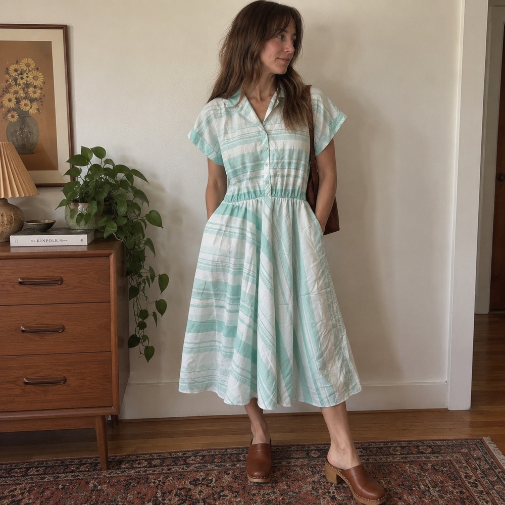 Vintage Mint Green Dress Small Retro Preppy Twee‎ Indie 50s Housewife Midi